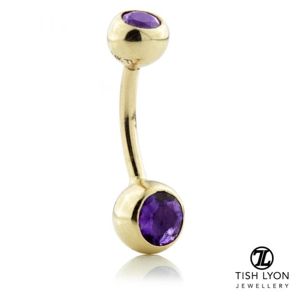 14ct Yellow or White Gold Amethyst Round Navel 1.6mm x 8mm or 10mm