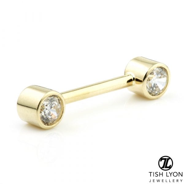 Yellow Gold Round Gem Nipple Bar - 1.6mm - Image 5
