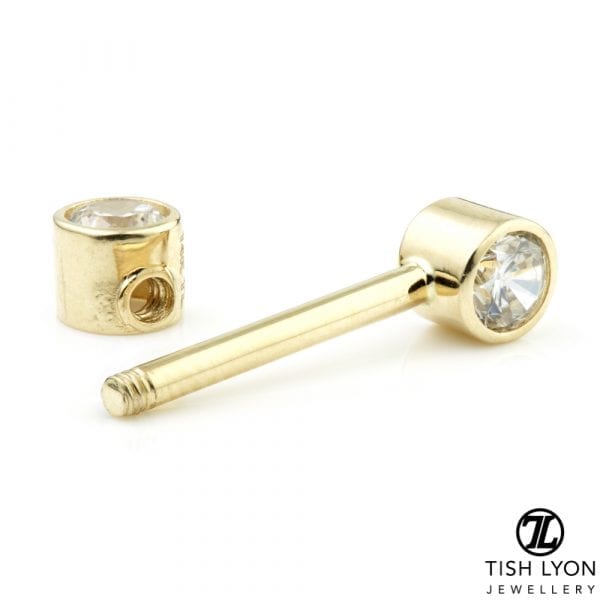Yellow Gold Round Gem Nipple Bar - 1.6mm - Image 6