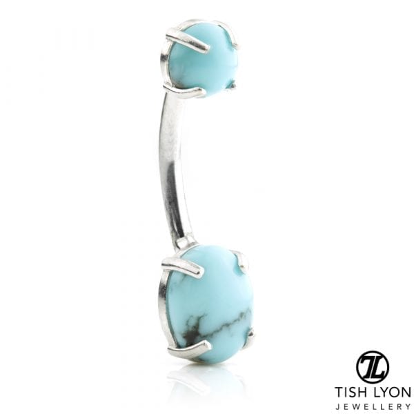 TL - 14ct White Gold Turquoise Prong Set Oval Navel