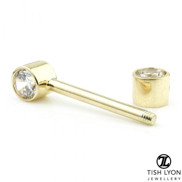 Yellow Gold Round Gem Nipple Bar - 1.6mm - Image 3