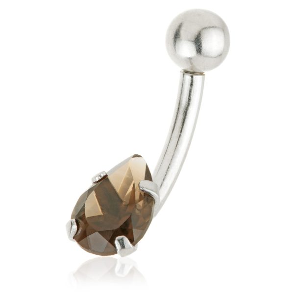 Smokey Quartz Pear Navel Bar WHITE